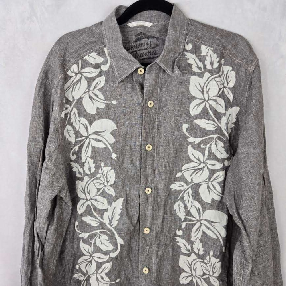 Tommy‎ Bahama Relax Mens L Grey Floral Hibiscus 100% Linen Button Down Shirt